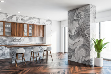 White marble and wood kitchen corner with bar
