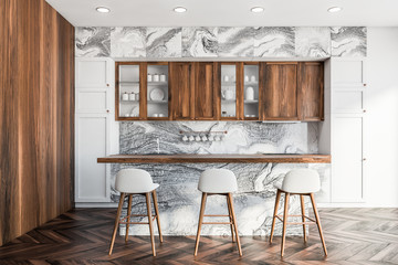 Bar in white marble and wooden kitchen