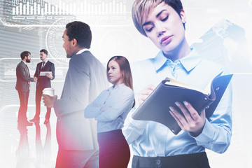 Business team in city, infographics interface