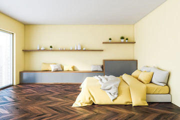 Fototapeta na wymiar Yellow master bedroom interior with shelves