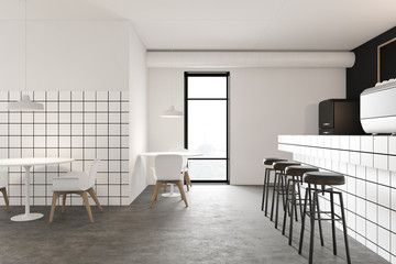 Black and white restaurant interior with bar