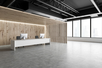 Table in panoramic open space office corner