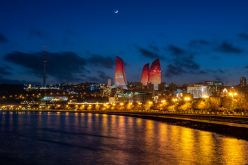 Obraz premium Night view of Baku with the Flame Towers skyscrapers