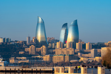 Panoramic cityscape view of Baku in the morning - obrazy, fototapety, plakaty