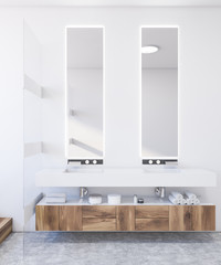 Double sink in white and wooden bathroom