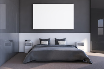 Gray and white master bedroom with poster