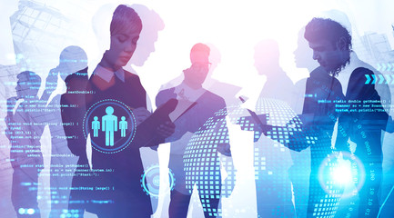 Business people in city, big data interface