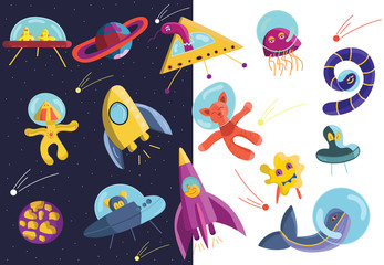 Collection of cartoon hand drawn space characters. Doodle UFO, ships, animals, jellyfish, worm, monsters, planets clipart. Funny and bright alien monsters. Space sticker set, vector illustration