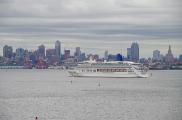 P&O Aurora cruiseship or cruise ship liner with Brooklyn skyline in the Port of New York City