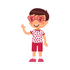 Little boy in heart shaped glasses flat vector illustration. Smiling child character waving hello. February 14 holiday isolated design element. Valentines Day. Asian kid in festive pink sunglasses