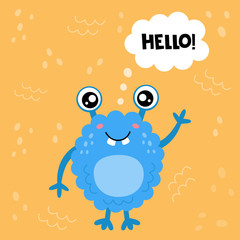 Hello card with cute yellow monster or alien.