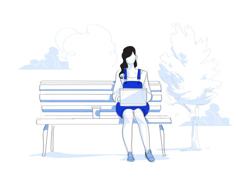 Una freelancer, ragazza, giovane studentessa lavora al computer portatile seduta sul banco al parco - illustrazione vettoriale