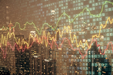 Double exposure of forex chart drawings over cityscape background. Concept of success.