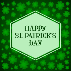 ST PATRICKS DAY greeting cart with four-leaf clover. Vector illustration.