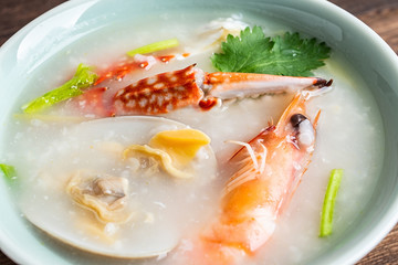 Chinese Chaoshan casserole porridge, shrimp and crab seafood porridge closeup