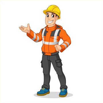 Male Industrial Worker with Safety Jacket and Hard Hat Present Something, People at Work, Cartoon Vector Illustration Mascot, in Isolated White Background.