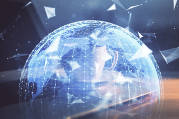 Multi exposure of business theme icons and work space with computer background. Concept of success.