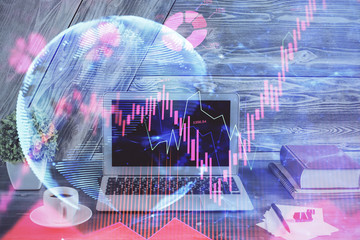 Multi exposure of business theme icons and work space with computer background. Concept of success.