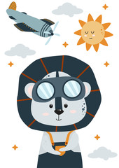 travel card with a lion aviator - vector illustration, eps