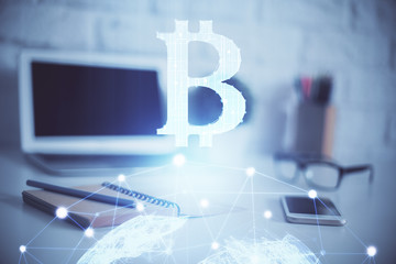 Double exposure of blockchain theme hologram and table with computer background. Concept of bitcoin...