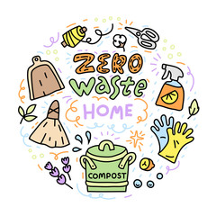Colorful doodle style illustration with objects for home, cleaning. Zero waste circle template concept. Eco friendly symbols