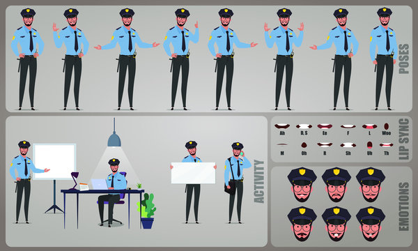 Security Guard character Set. Collection of character body Poses, facial gestures, Security activities and Lip syncs poses. Ready-to-use and animate, character set. Vector illustration.