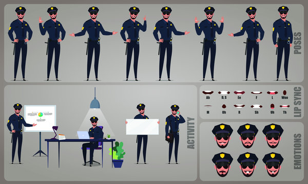 Police character Set. Collection of character body Poses, facial gestures, investigation activities and Lip syncs poses. Ready-to-use and animate, character set. Vector illustration.