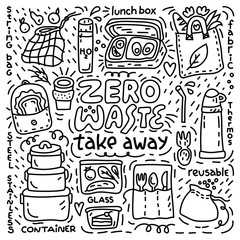 Doodle style illustration with take away objects. Zero waste concept. Eco friendly style