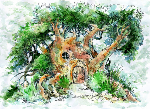Tree-house, a fabulous dwelling in the forest, watercolor painting.