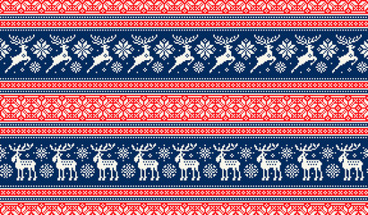 Christmas Pixel Pattern with Deers and Elks. Traditional Nordic Seamless Striped Ornament. Scheme for Knitted Sweater Pattern Design or Cross Stitch Embroidery