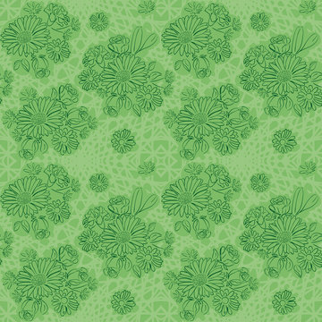 light green background with green flowers - vector seamless pattern