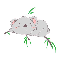 Vector cartoon illustration. Sad baby koala on eucalypt tree. Cute Australian bear and branch with leaves. Kawaii flat style element for design
