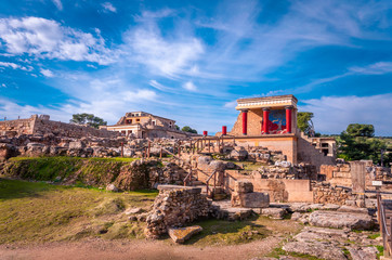 View at the ruins of the famous Minoan palace of Knossos ,the center of the Minoan civilisation and one of the largest archaeological sites in Greece.