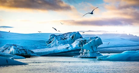 Foto auf Acrylglas Erstaunlicher Sonnenuntergang über der berühmten Gletscherlagune Jokulsarlon, Blick auf schwimmende Eisberge. Ort: Gletscherlagune Jokulsarlon, Island. Künstlerisches Bild. Welt der Schönheit. Reisekonzept © olenatur