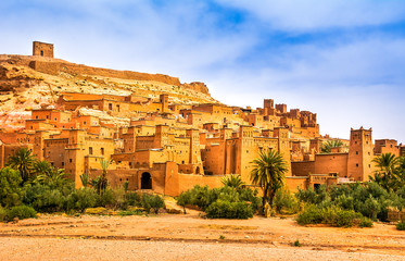 Fototapeta premium Amazing view of Kasbah Ait Ben Haddou near Ouarzazate in the Atlas Mountains of Morocco. UNESCO World Heritage Site since 1987. Artistic picture. Beauty world.