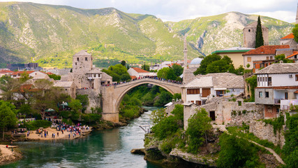 Fototapeta na wymiar Panorama of The Old Bridge and city of Mostar, Bosnia and Herzegovina, April 2019.