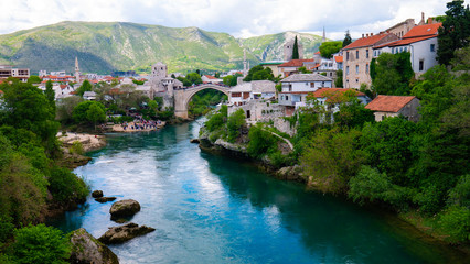 Fototapeta na wymiar Panorama of The Old town of Mostar and Stari most Bridge, Bosnia and Herzegovina. 