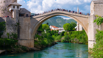 Mostar, Bosnia and Herzegovina, April 2019: Old town and Neretva River. The town was destroyed...
