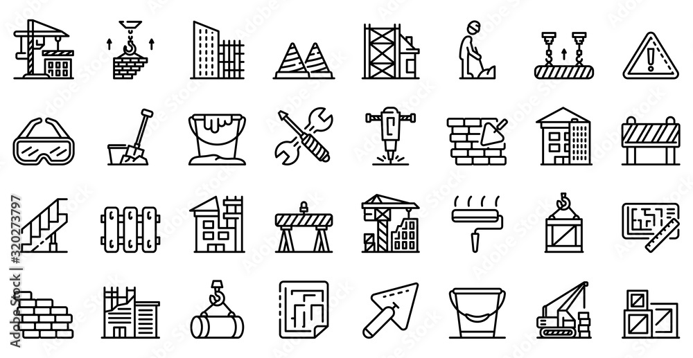 Poster building reconstruction icons set. outline set of building reconstruction vector icons for web desig