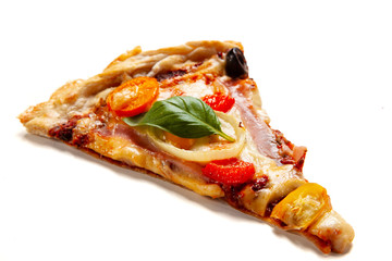 Slice of pizza with ham and artichoke on white background