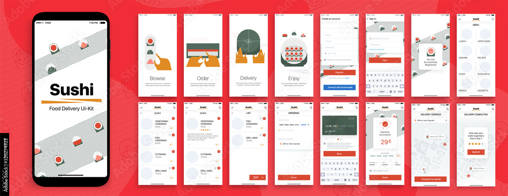 Wall mural sushi delivery. design of the mobile application, ui, ux. set of gui screens with login and password