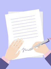 Man hands signs contract vector illustration. Businessman puts his signature on agreement. Contracts sign vector illustration