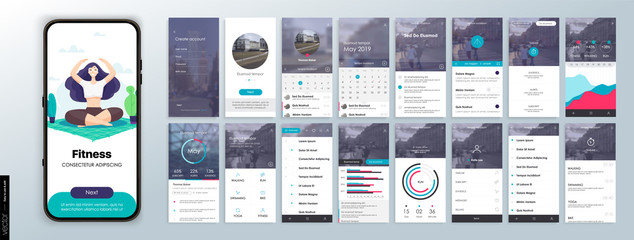 Design of the Fitness Application, UI, UX. Set of GUI Screens with Login and Password input, and Screens Showing Physical Activity, Health Infographics and Exercise Indicators.