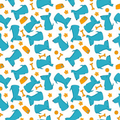Pattern of kawaii cartoon blue dog, rice cup, bone and flower on white background for background, wallpaper, fabric textile, paper print, kid clothes.