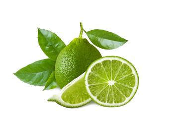 Green fresh lime and lime slices with leaves isolated on white background with shadow