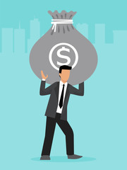 Businessman carrying money bag with tax vector illustration. Taxable business man concept. Currency finance debt and taxes payment bags.