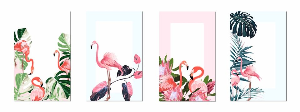 Exotic pink flamingo birds with leaves and flowers. Beal to beak. Card template set. Mating season. Detailed vector design illustration. Valentine.