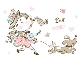 Cute girl on a walk with her pet dog. Vector