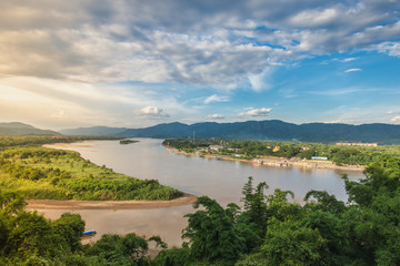 View of the Mekong River Golden Triangle on Wat Phra That Phu Khao Which is located on a mountain in Chiang Saen, Chiang Rai, Thailand
