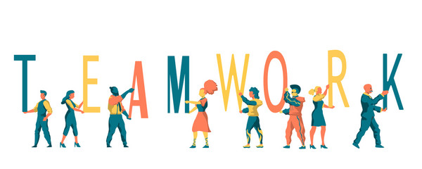 Teamwork concept for business presentation. Teamwork idea banner for templates. Set of characters holding letters of teamwork.